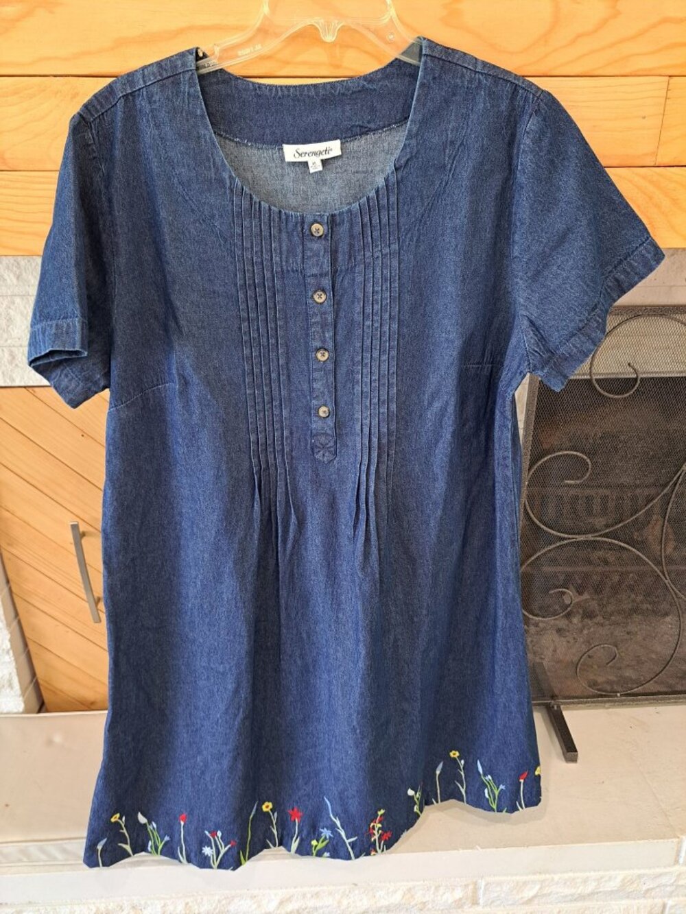 Serengeti Womens Embroidered Denim Tunic Dress With Button Front & Floral Hem XL